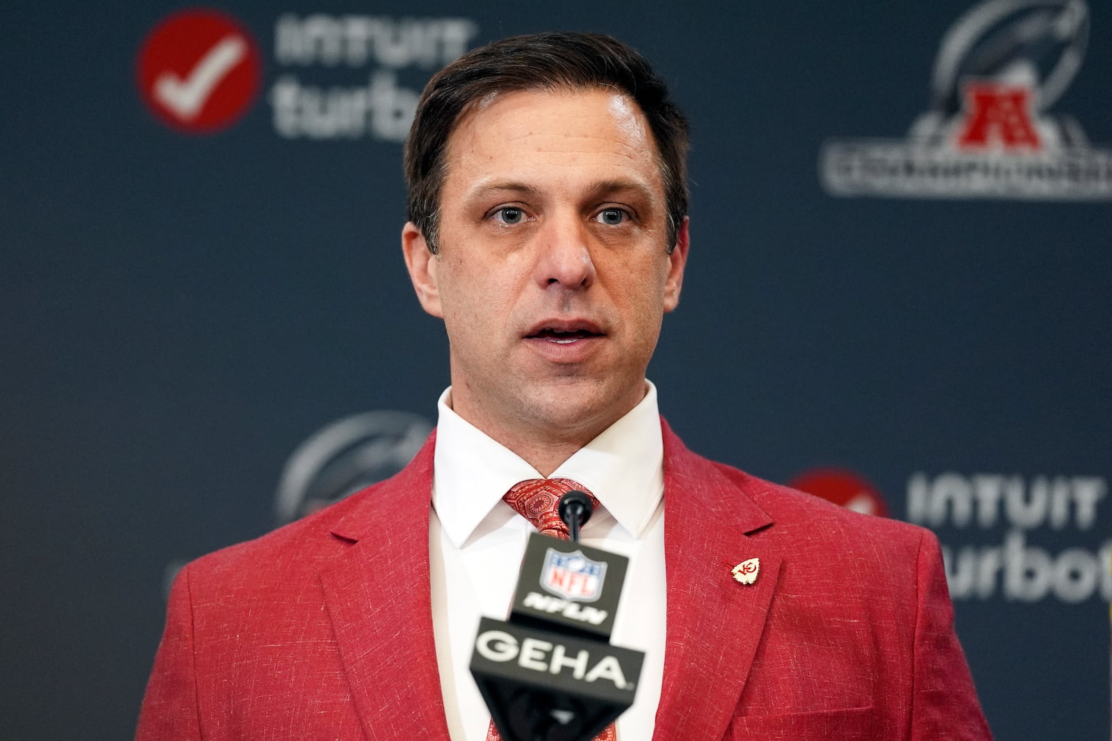 FILE - Kansas City Chiefs general manager Brett Veach speaks during a news conference following AFC Championship NFL football game between the Chiefs and the Buffalo Bills, Sunday, Jan. 26, 2025, in Kansas City, Mo. (AP Photo/Charlie Riedel)