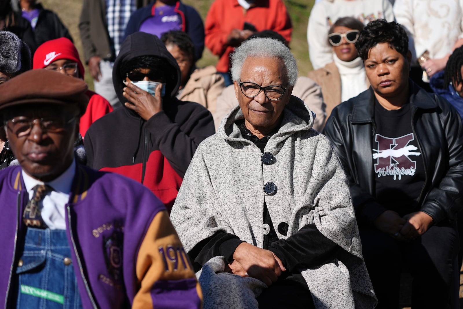 Hazel Meredith Hall, 85, center, watches the unveiling of a Mississippi Department of Archives and History marker recognizing the birthplace and legacy of her older brother, James Meredith, who became the first Black student to enroll at the University of Mississippi in 1962, Friday, Dec. 20, 2024, in Kosciusko, Miss. (AP Photo/Rogelio V. Solis)