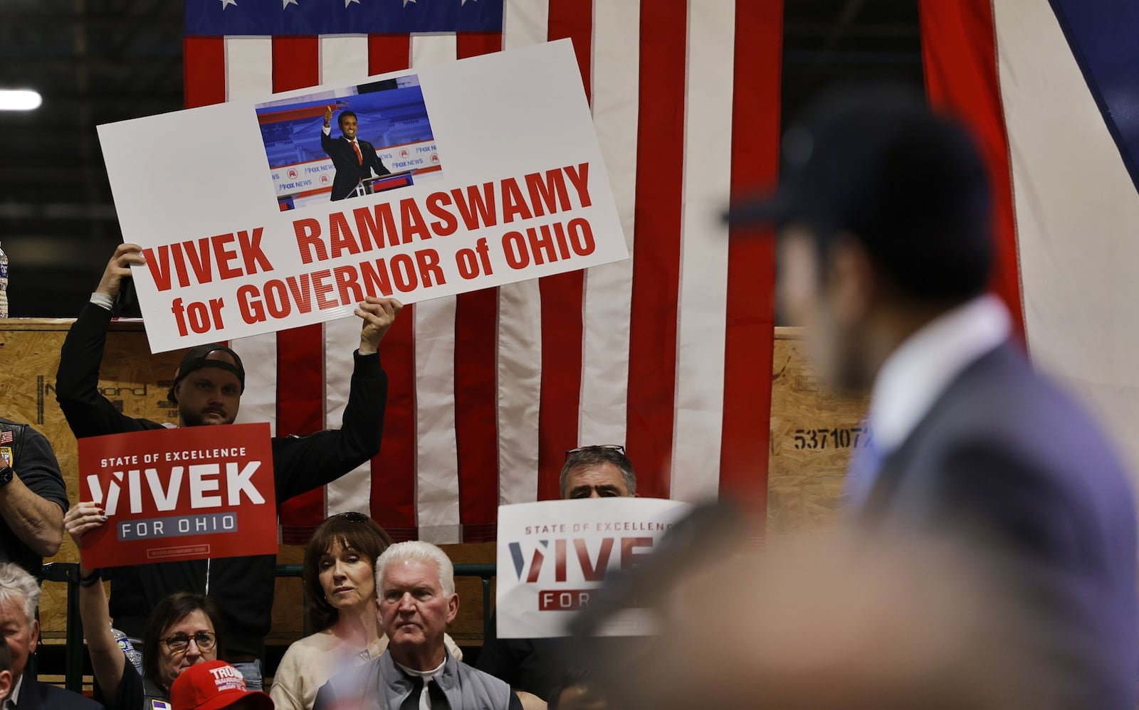 A crowd of supporters gather to hear Vivek Ramaswamy announce his candidacy for Ohio governor at this first of four stop announcement tour Monday, Feb. 24, 2025 at CTL Aerospace in West Chester Township. NICK GRAHAM/STAFF