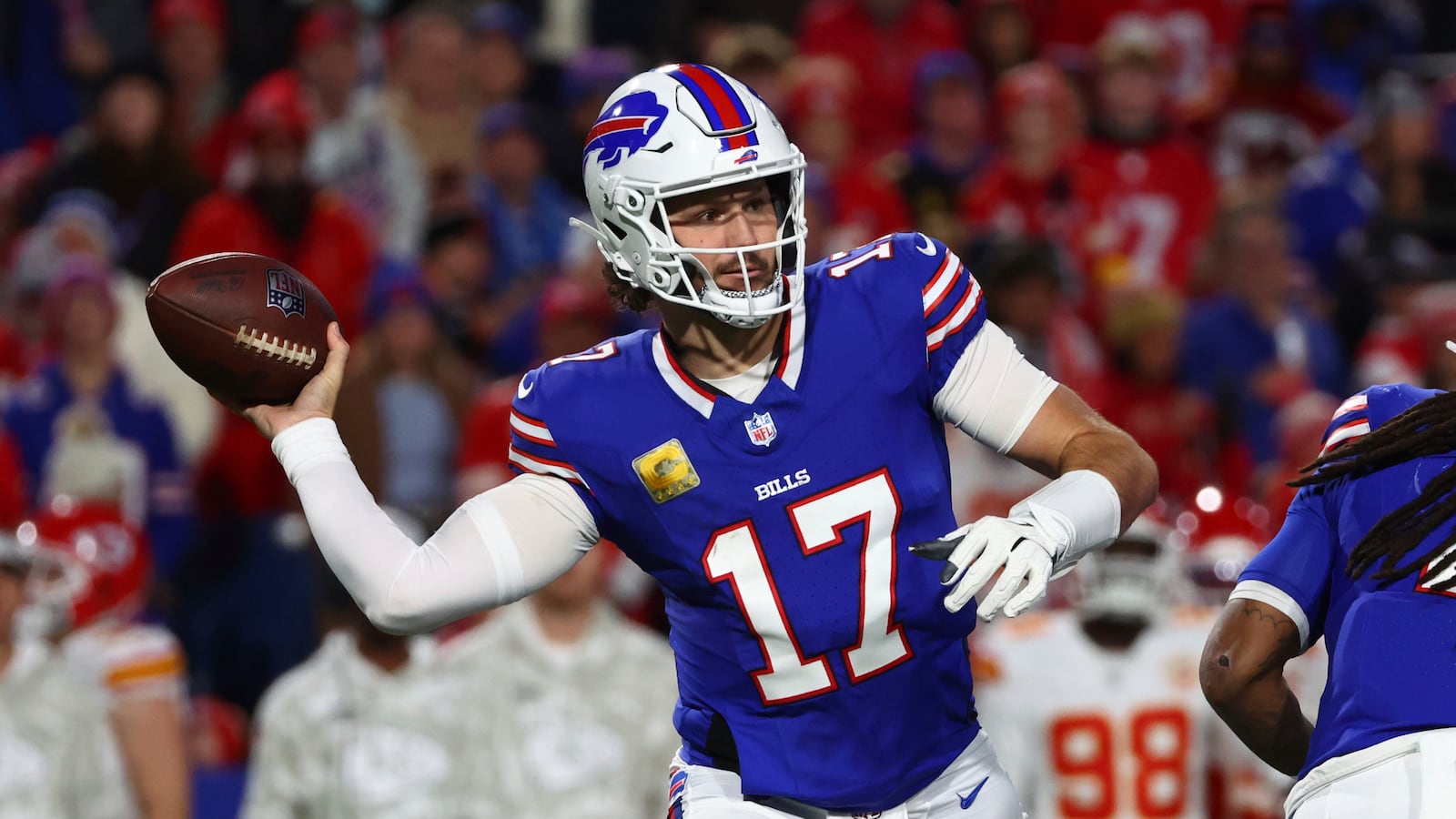 Buffalo Bills quarterback Josh Allen throws during the first half of an NFL football game against the Kansas City Chiefs Sunday, Nov. 17, 2024, in Orchard Park, N.Y. (AP Photo/Jeffrey T. Barnes)