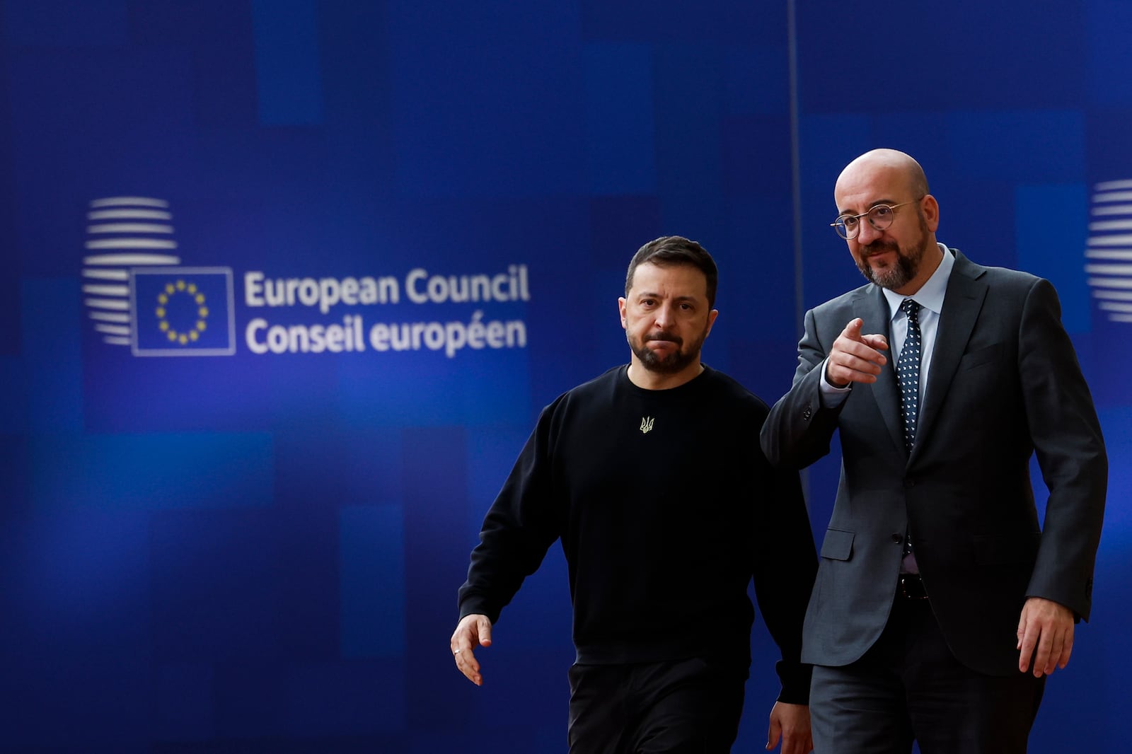 Ukraine's President Volodymyr Zelenskyy, left, and European Council President Charles Michel arrive to an EU summit in Brussels, Thursday, Oct. 17, 2024. (AP Photo/Geert Vanden Wijngaert)