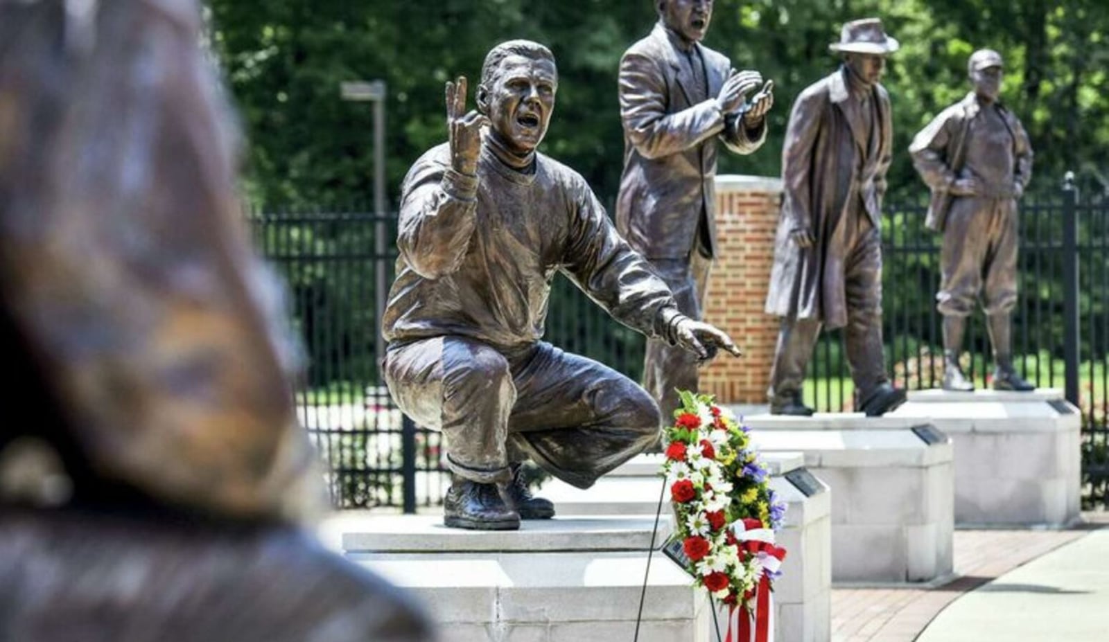 The school’s football Cradle of Coaches recognition area is adjacent to Miami’s Yager Stadium, where the football Redhawks play.
The memorial area includes statues of some 
former Miami head football coaches and players, including NFL and collegiate greats Paul Brown, national championship coach of the Cleveland Browns and founder of the Cincinnati Bengals; Notre Dame University’s Ara Parseghian; and Super Bowl champion head coaches John Harbaugh (Baltimore Ravens), Weeb Ewbank (New York Jets) and Sean McVay (Los Angeles Rams). (File Photo/Journal-News)