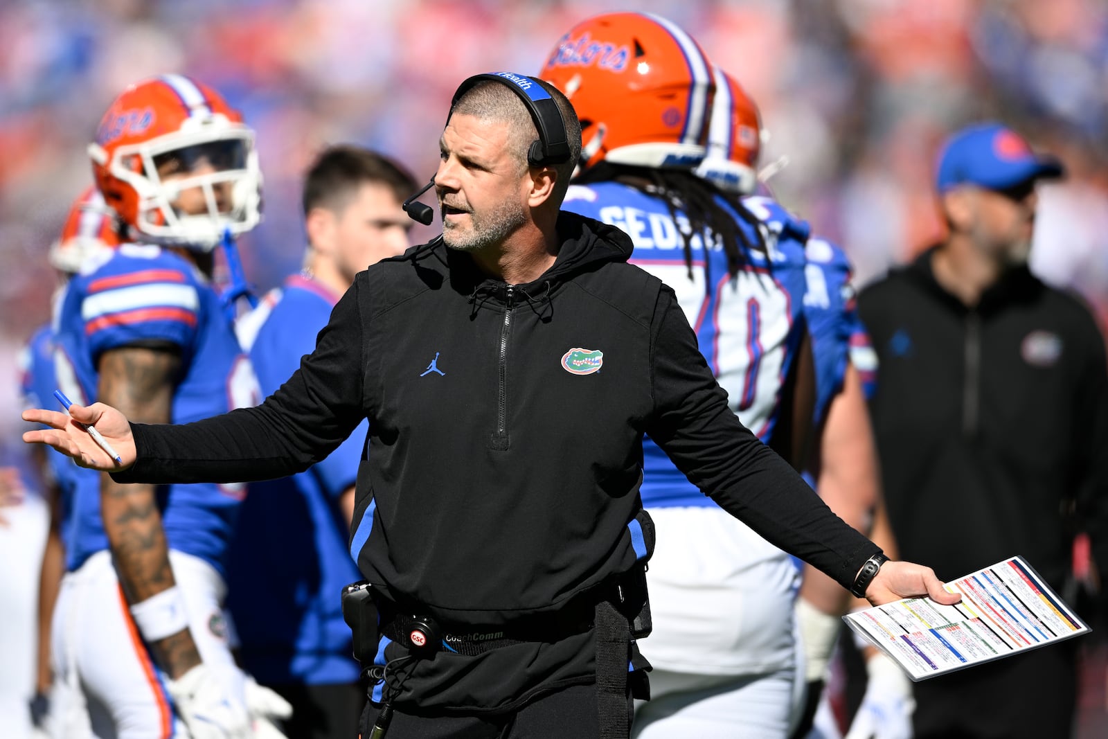 Florida head coach Billy Napier reacts after a play against Mississippi during the first half of an NCAA college football game, Saturday, Nov. 23, 2024, in Gainesville, Fla. (AP Photo/Phelan M. Ebenhack)