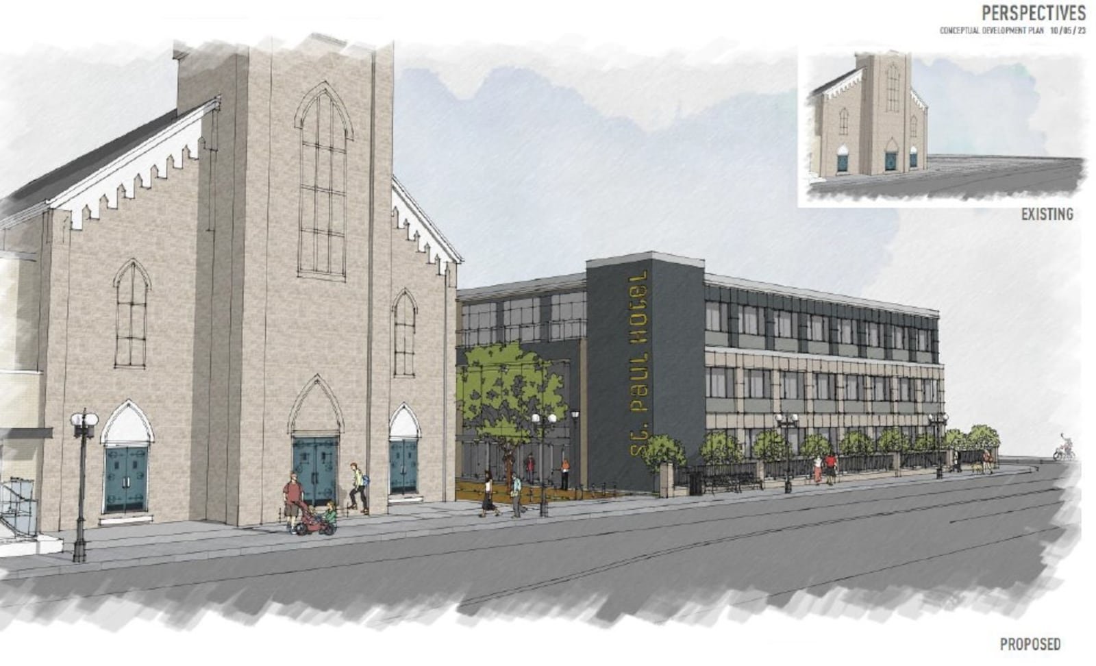 A proposed rendering of a new three-story boutique hotel building on Wayne Avenue, just north of St. Paul church and parish. A developer hopes to turn the parish and church into new uses, including hotel rooms, event space and a restaurant. CONTRIBUED