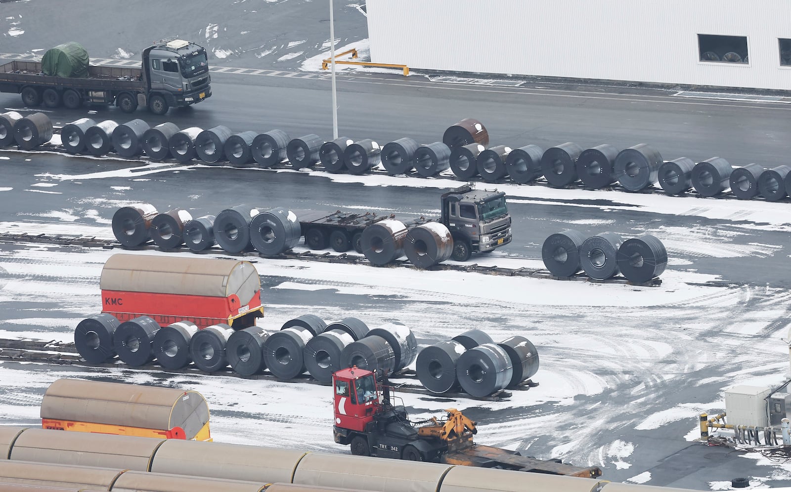 Steel products are seen at a port in Pyeongtaek, South Korea, Monday, Feb. 10, 2025. (Hong Ki-won/Yonhap via AP)