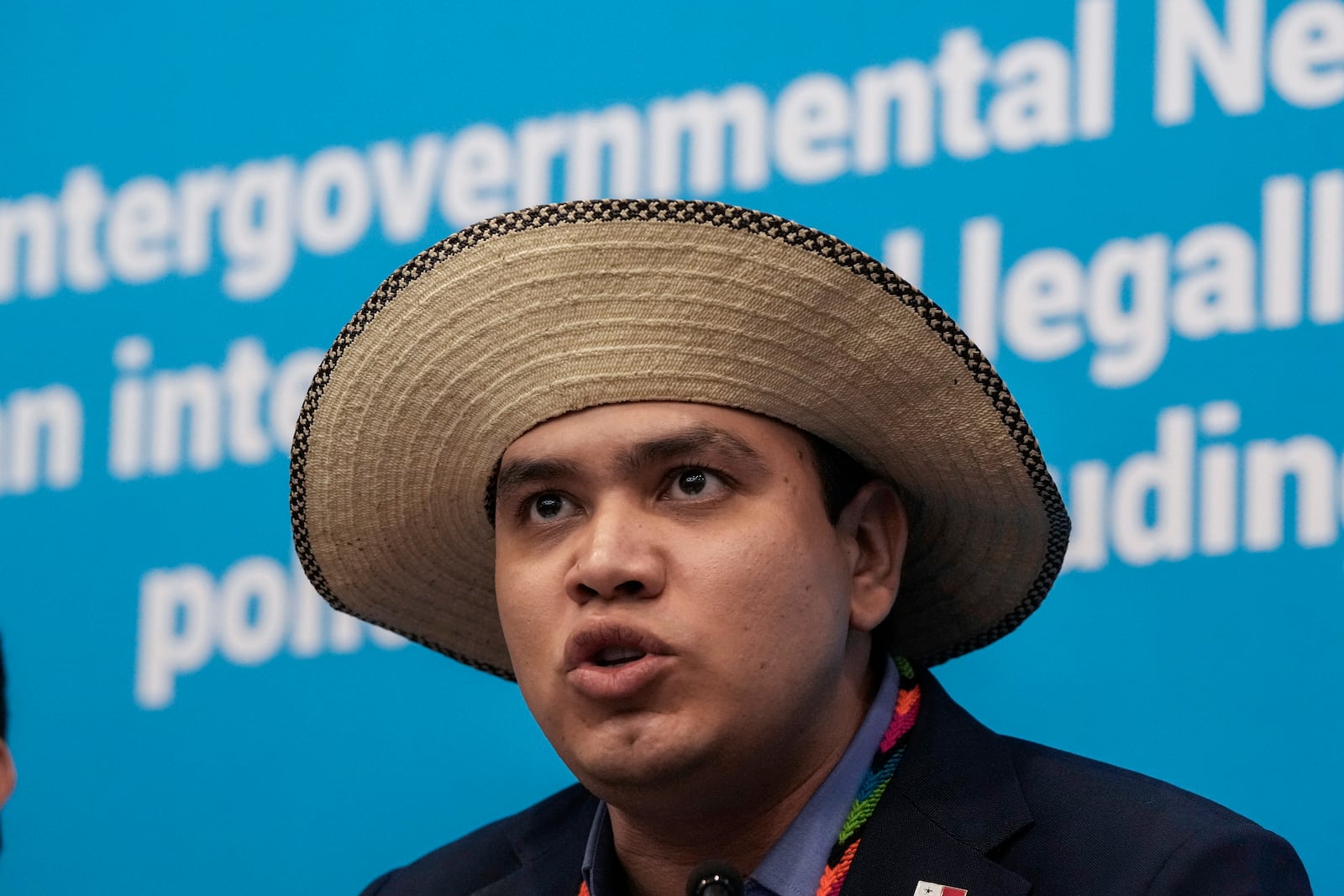 Juan Carlos Monterrey, head of Panama's delegation, speaks during a press conference at the fifth session of the Intergovernmental Negotiating Committee on Plastic Pollution in Busan, South Korea, Friday, Nov. 29, 2024. (AP Photo/Ahn Young-joon)