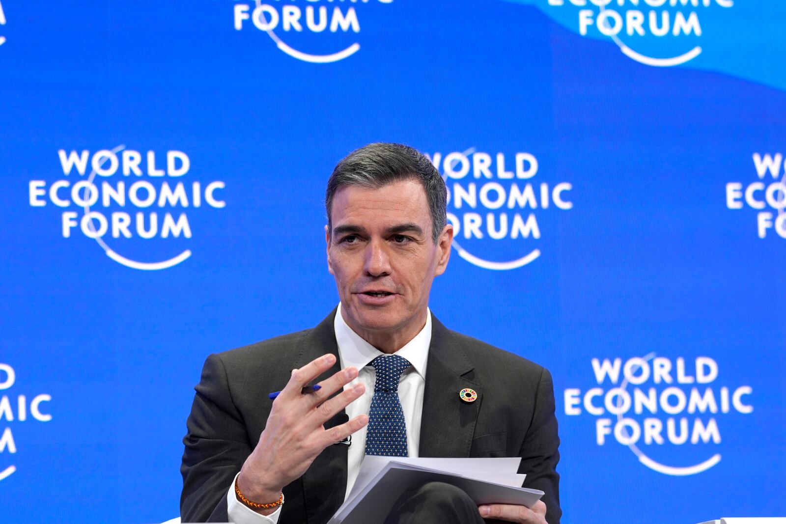 Prime Minister of Spain Pedro Sanchez speaks at the Annual Meeting of World Economic Forum in Davos, Switzerland, Wednesday Jan. 22, 2025. (AP Photo/Markus Schreiber)