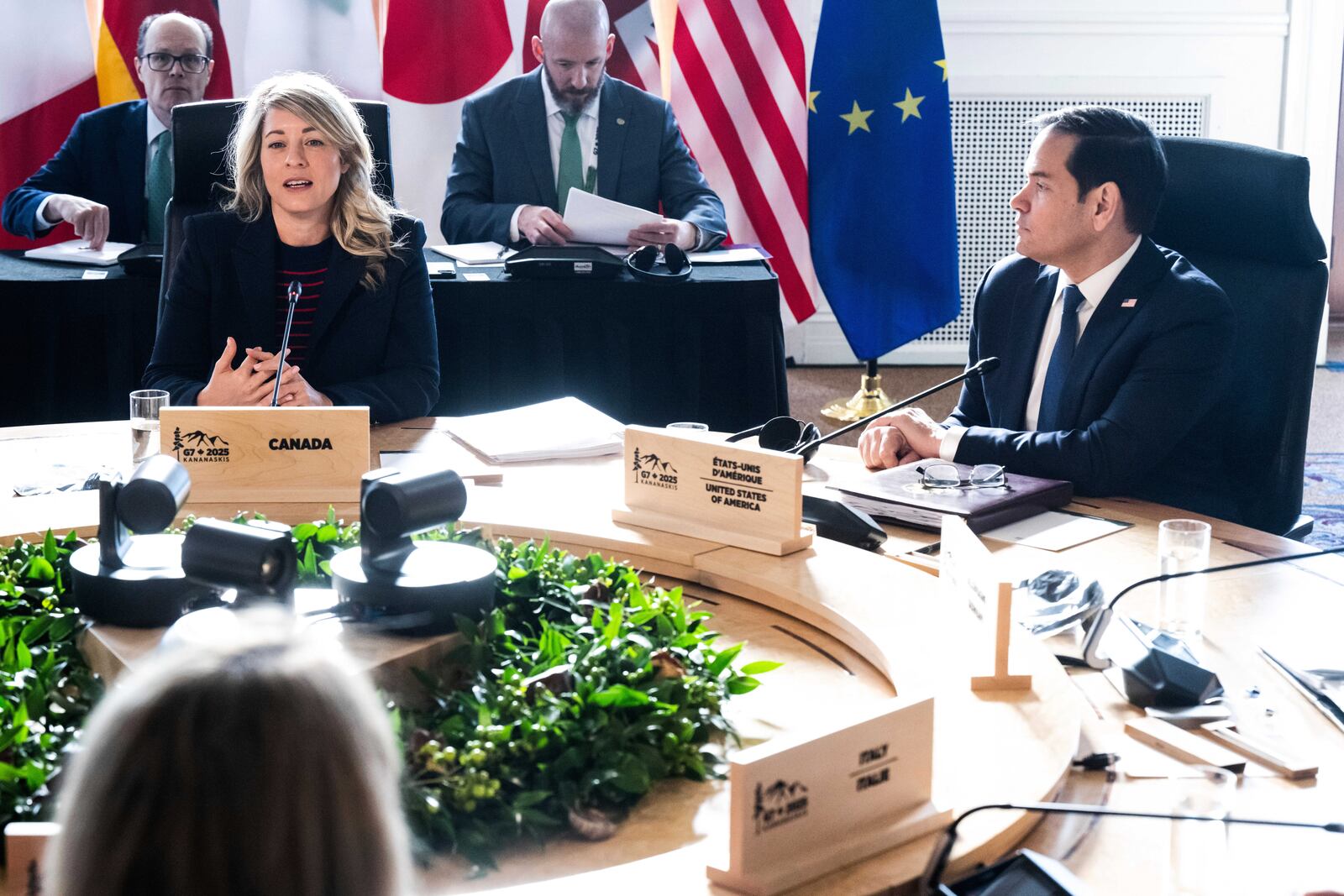 Canadian Foreign Minister Melanie Joly, left, speaks alongside US Secretary of State Marco Rubio during the G7 foreign ministers meeting in La Malbaie, Canada, Friday March 14, 2025. (Saul Loeb, Pool Photo via AP)