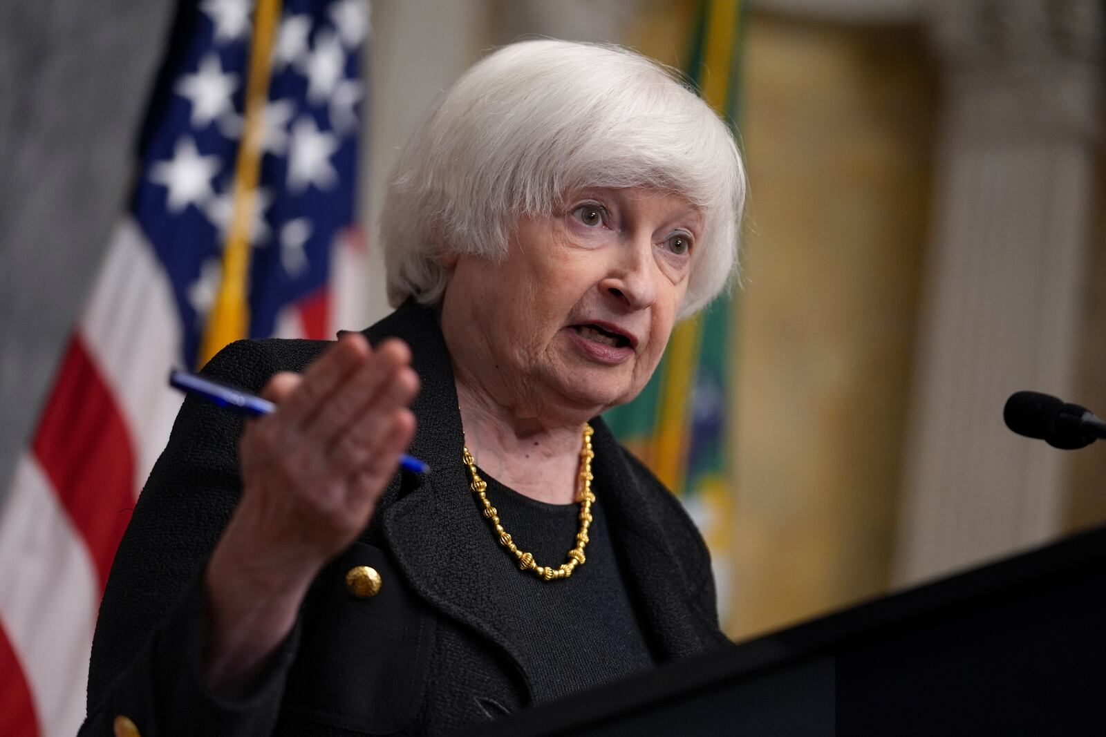 Secretary of the Treasury Janet Yellen outlines her key priorities for the annual meetings of the International Monetary Fund, during a news conference at the Treasury Department in Washington, Tuesday, Oct. 22, 2024. (AP Photo/J. Scott Applewhite)