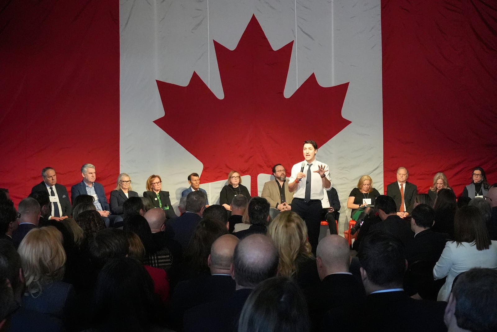 Prime Minister Justin Trudeau addresses a Canada-U.S. economic summit in Toronto, Friday, Feb. 7, 2025. (Frank Gunn/The Canadian Press via AP)