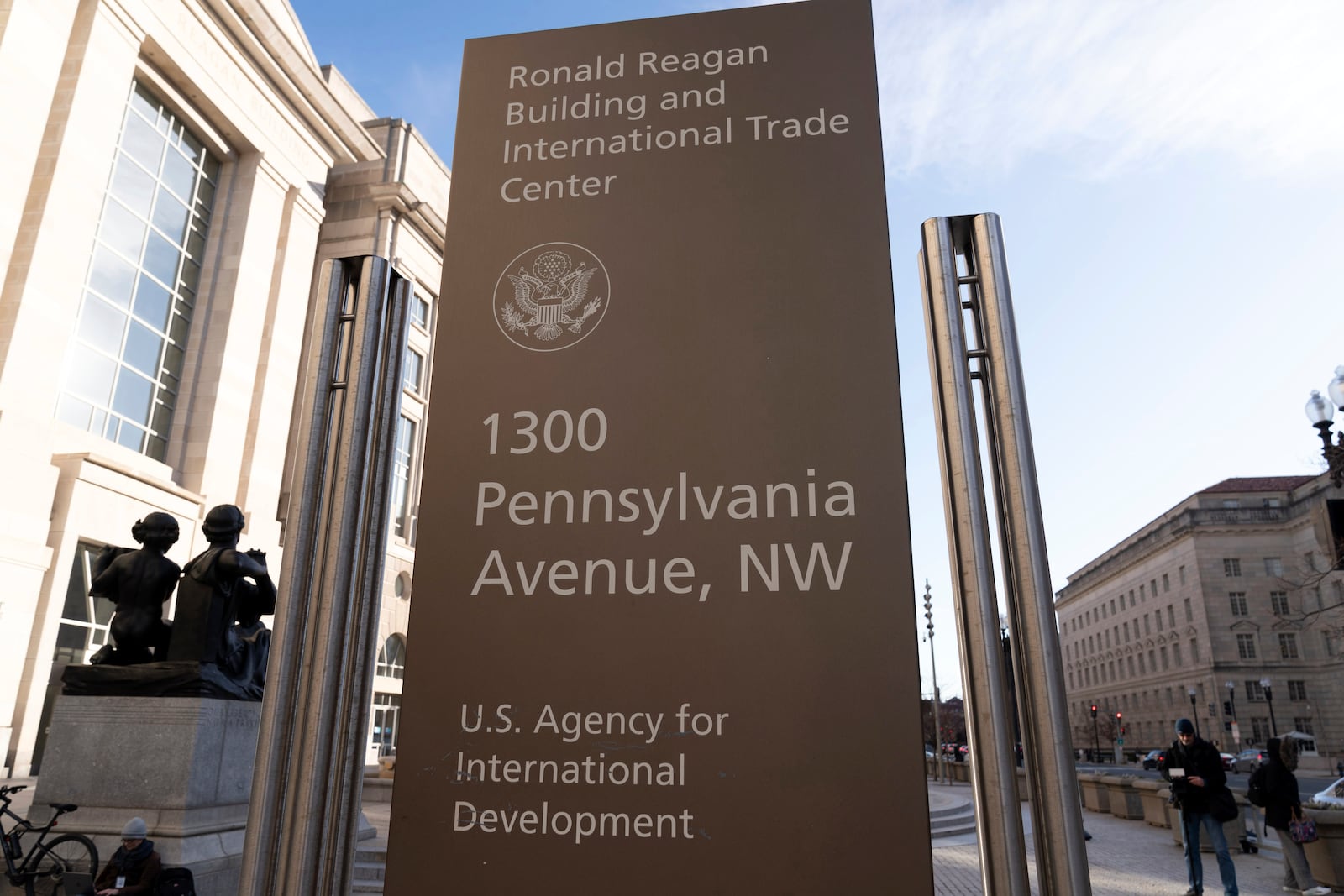 The sign for the U.S. Agency for International Development, or USAID, is seen outside of the agency's headquarters in Washington, Friday, Feb. 7, 2025. (AP Photo/Jose Luis Magana)