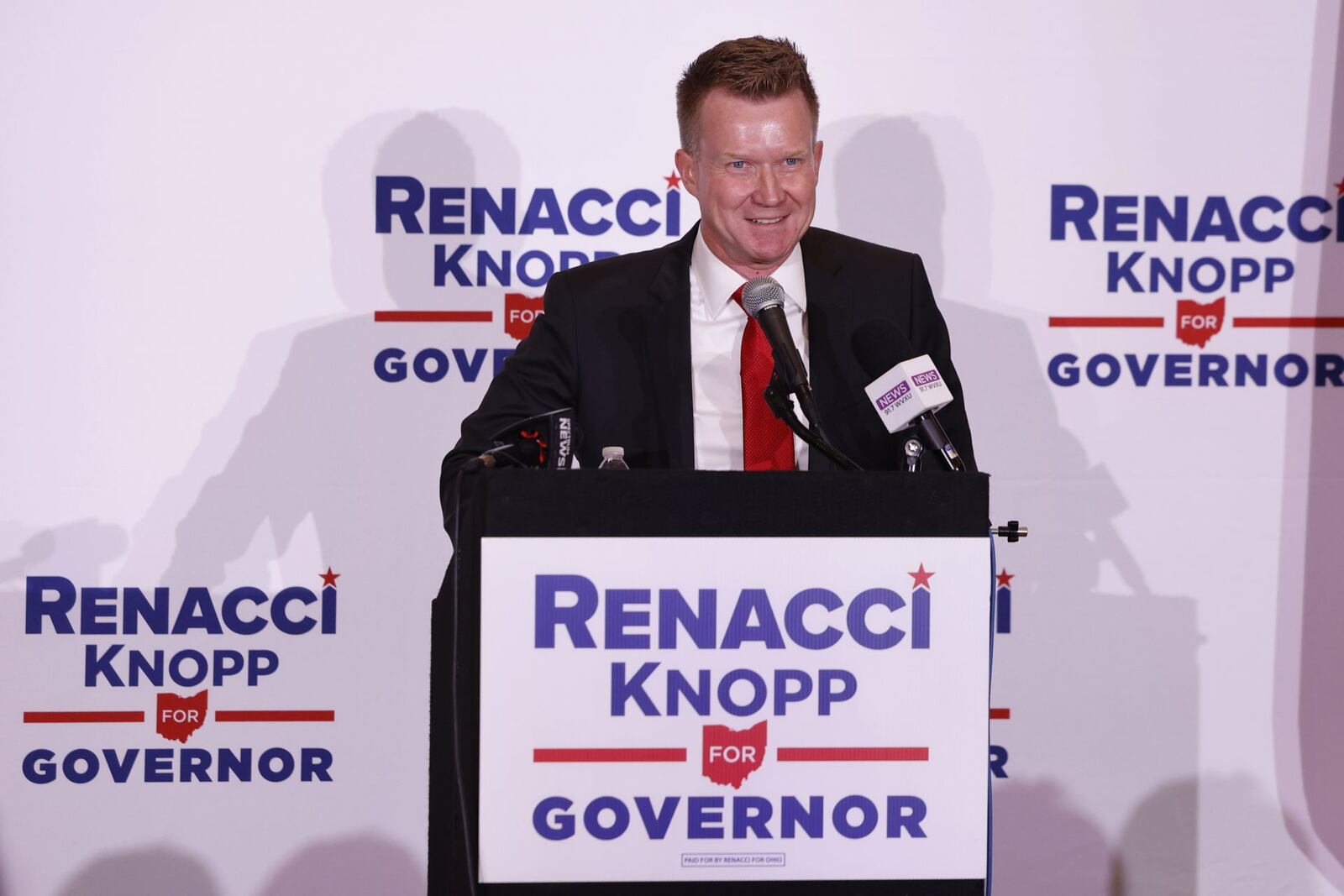 Springboro filmmaker Joe Knopp talks to around 100 people on Thursday, Dec. 2, 2021, at the Savannah Center in West Chester Twp. during the announcement of being Ohio gubernatorial candidate Jim Renacci's running mate. Renacci is challenging Ohio Gov. Mike DeWine in the May GOP primary. NICK GRAHAM/STAFF