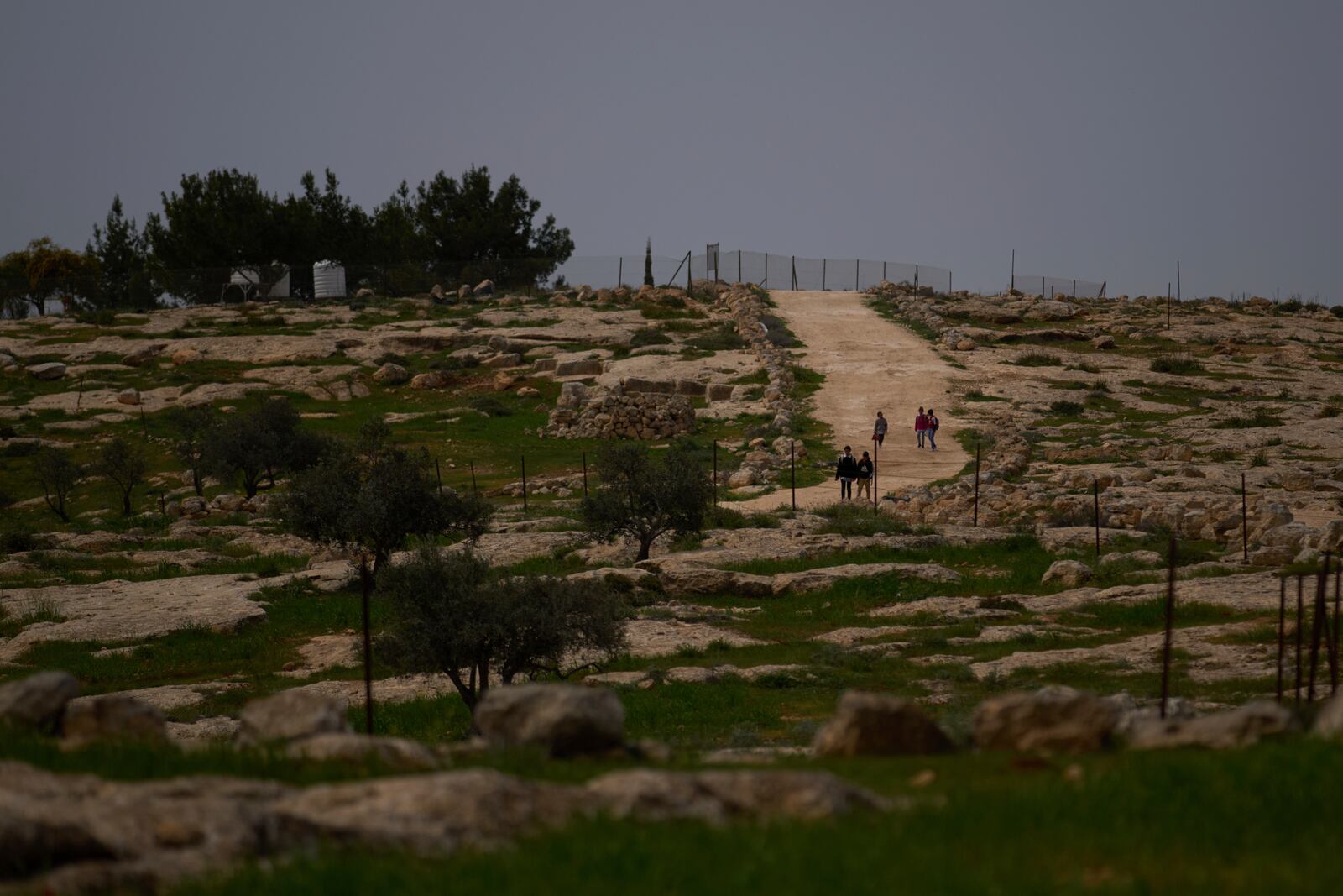 Students walk on a road near the house of Hamdan Ballal, co-director of the Oscar winner documentary "No Other Land", who was attacked by Jewish settlers before being detained by the Israeli army in the village of Susiya in Masafer Yatta, south Hebron hills Tuesday, March 25, 2025. (AP Photo/Leo Correa)