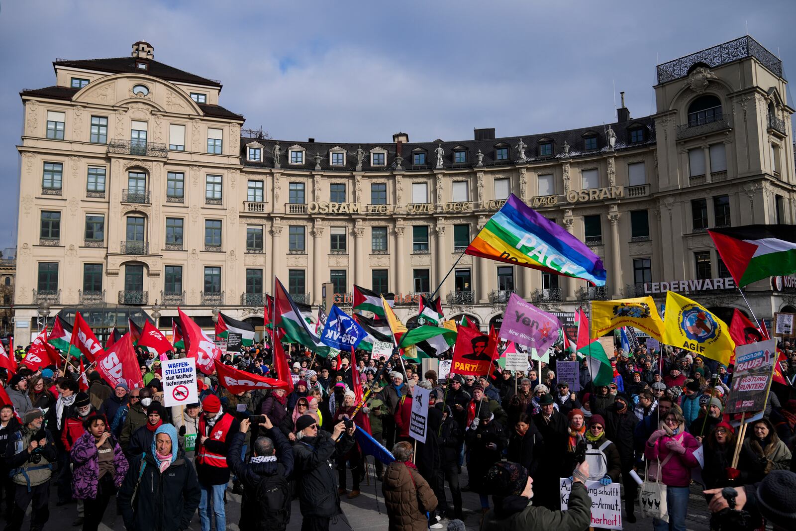 Protestors gather during a demonstration against the Munich Security Conference in Munich, Saturday, Feb. 15, 2025. (AP Photo/Ebrahim Noroozi)