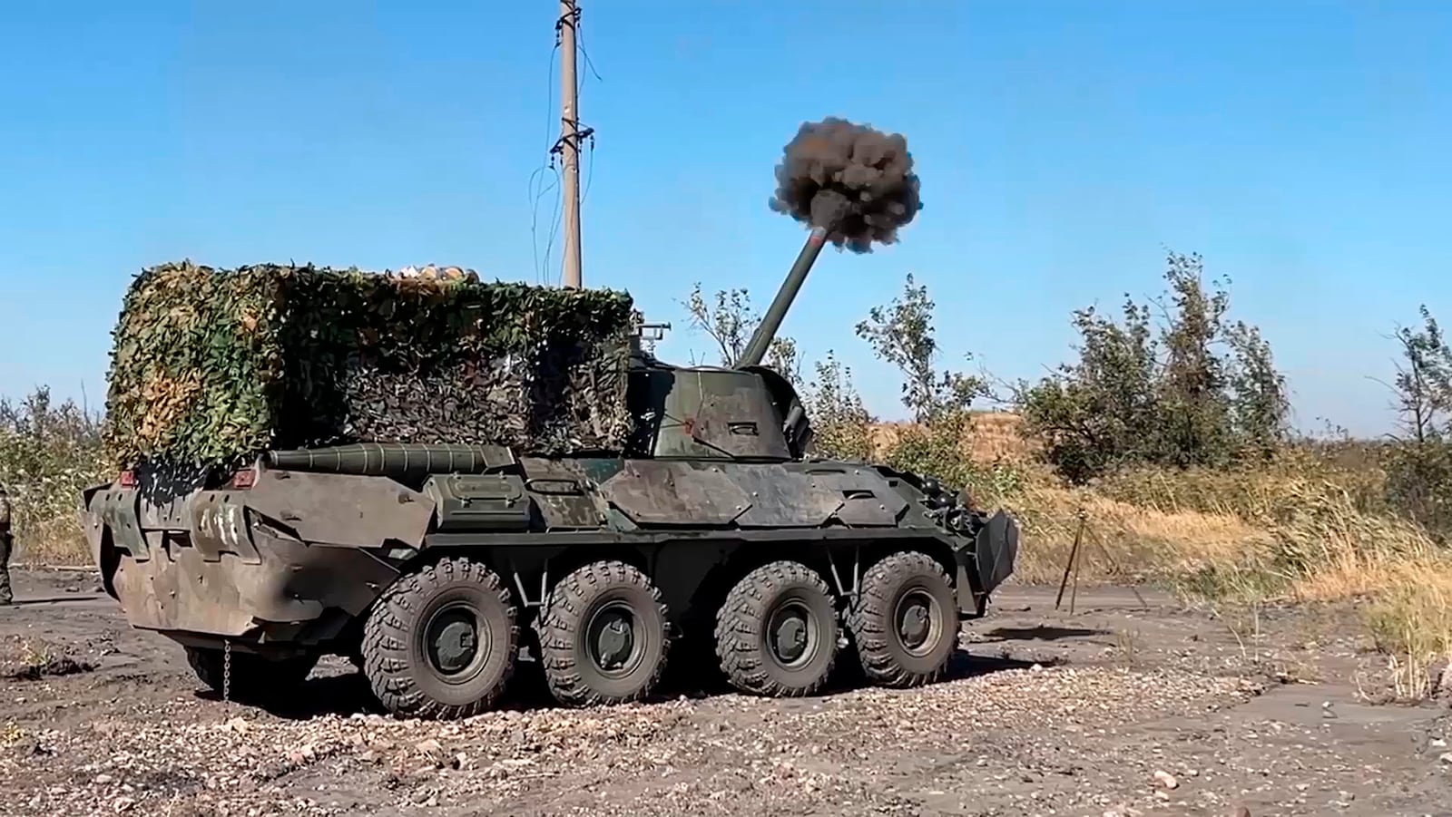 In this photo released by Russian Defense Ministry Press Service on Thursday, Oct. 17, 2024, a Russian self-propelled mortar Nona-SVK fires towards Ukrainian positions at an undisclosed location in Ukraine. (Russian Defense Ministry Press Service via AP)