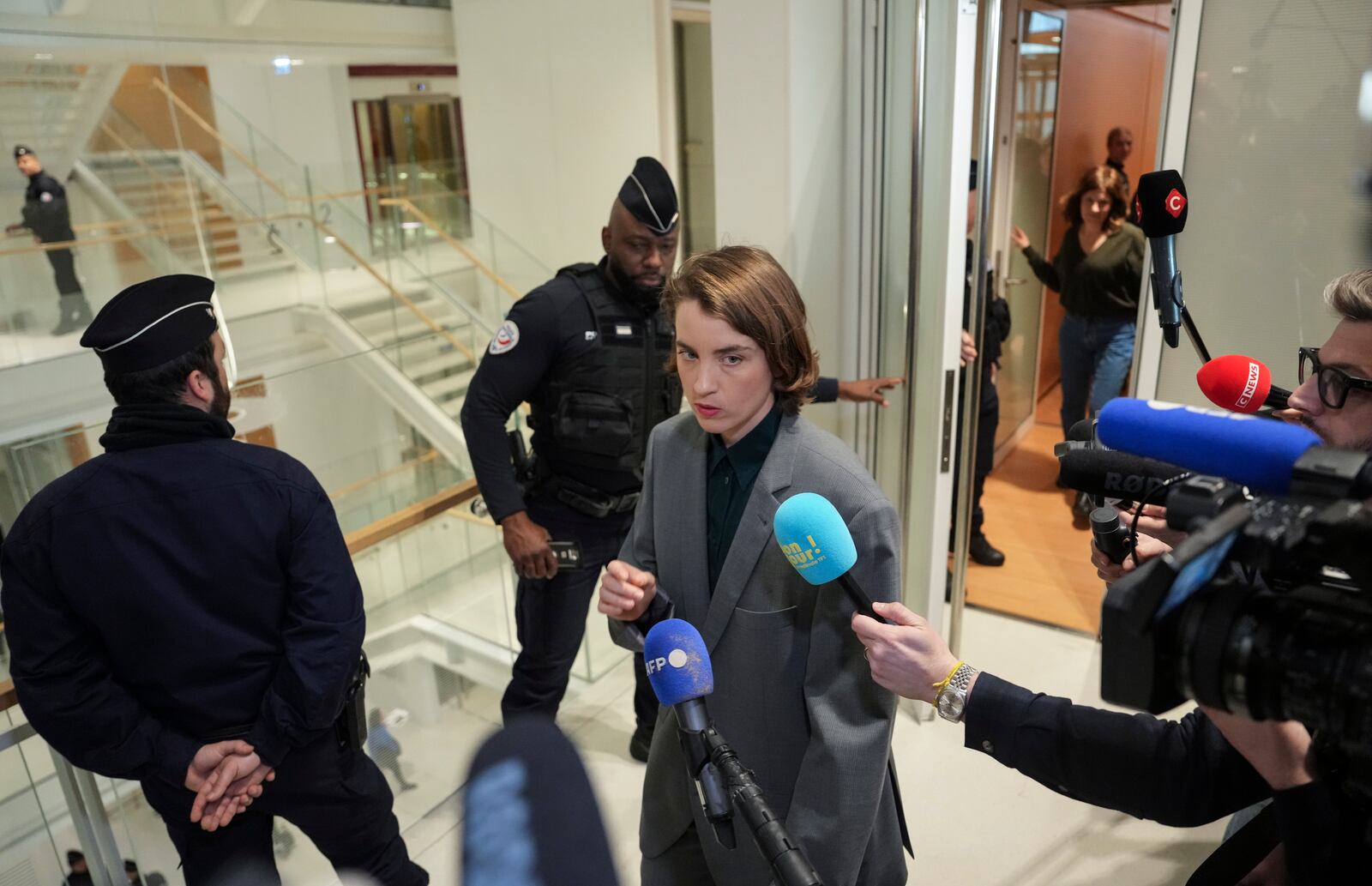 French actor Adele Haenel leaves the courtroom in Paris, Monday, Feb. 3, 2025, after the court found filmmaker Christophe Ruggia guilty of sexual assault on her when she was between 12 and 15 in the early 2000s, in the country’s first big #MeToo trial. (AP Photo/Aurelien Morissard)