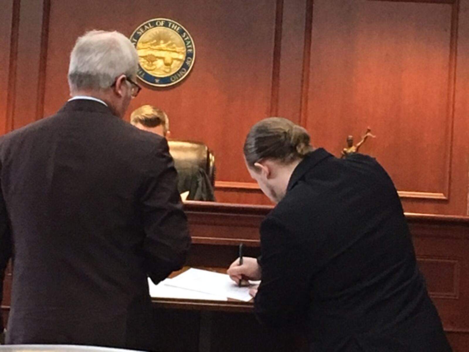 Trevor Fraley, right, with his attorney Chris Pagan, in Butler County Common Pleas Court. LAUREN PACK/STAFF