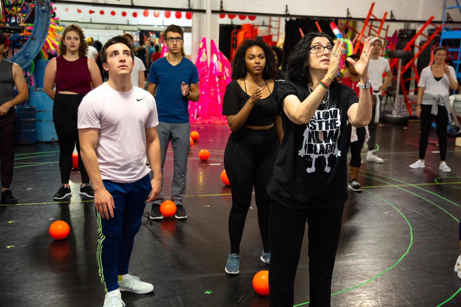 The cast of “The SpongeBob Musical” national tour, slated through Nov. 24 at the Schuster Center, in rehearsal with director Tina Landau. CONTRIBUTED PHOTO BY JEREMY DANIEL