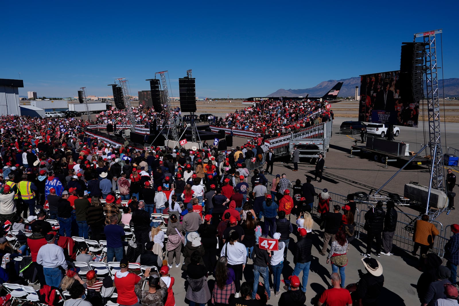 Republican presidential nominee former President Donald Trump speaks at a campaign rally at Albuquerque International Sunport, Thursday, Oct. 31, 2024, in Albuquerque, N.M. (AP Photo/Julia Demaree Nikhinson)