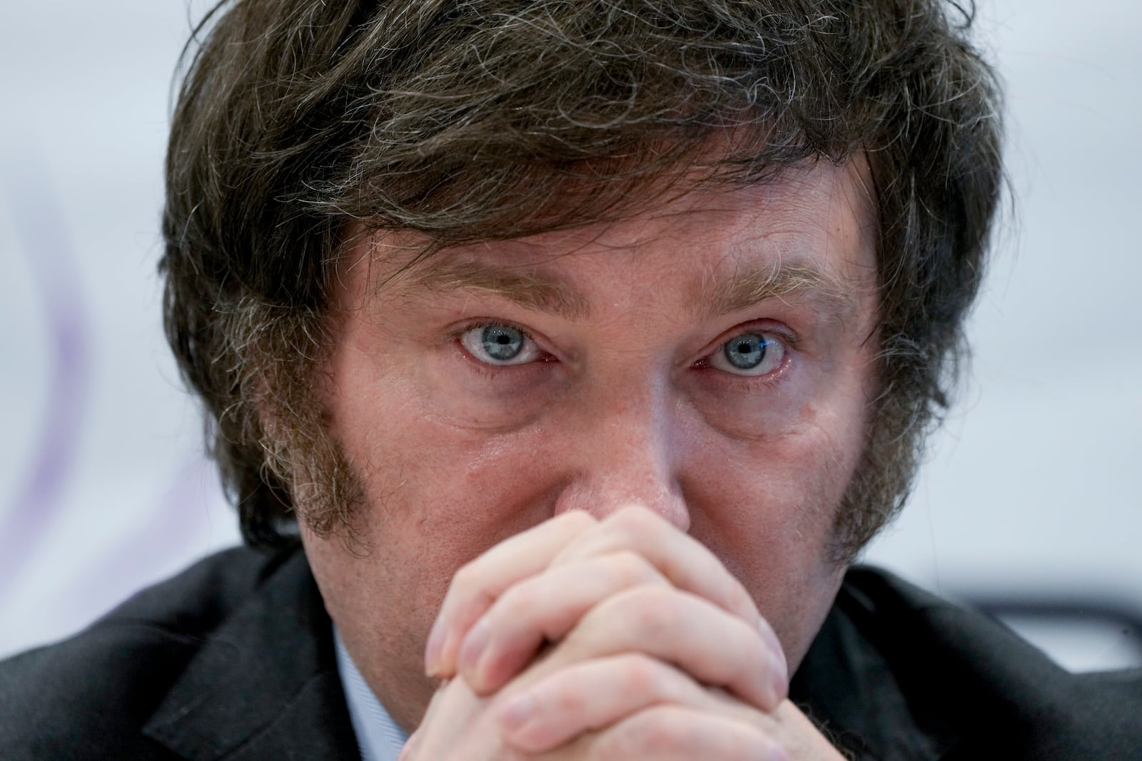 FILE - Then presidential hopeful Javier Milei looks on during a press conference in Buenos Aires, Argentina, Oct. 11, 2023. (AP Photo/Natacha Pisarenko, File)