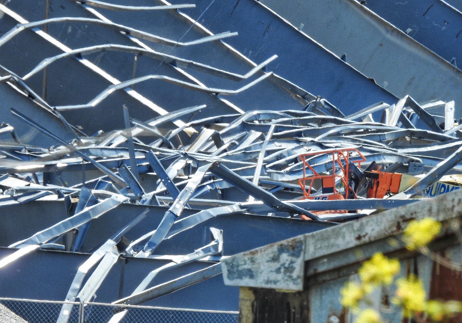 The steel trusses of Building 500 at Spooky Nook Sports Champion Mill remained a crumbled heap on Tuesday, but are not expected to delay the project's opening. NICK GRAHAM/STAFF