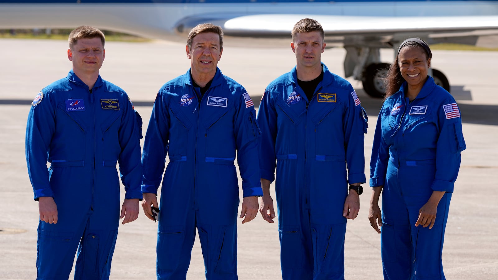 The SpaceX crew of the Dragon spacecraft, from left, cosmonaut Alexander Grebenkin, pilot Michael Barratt, commander Matthew Dominick and mission specialist Jeanette Epps gather for a photo after arriving at the Kennedy Space Center in Cape Canaveral, Fla., Sunday, Feb. 25, 2024. (AP Photo/John Raoux, File)