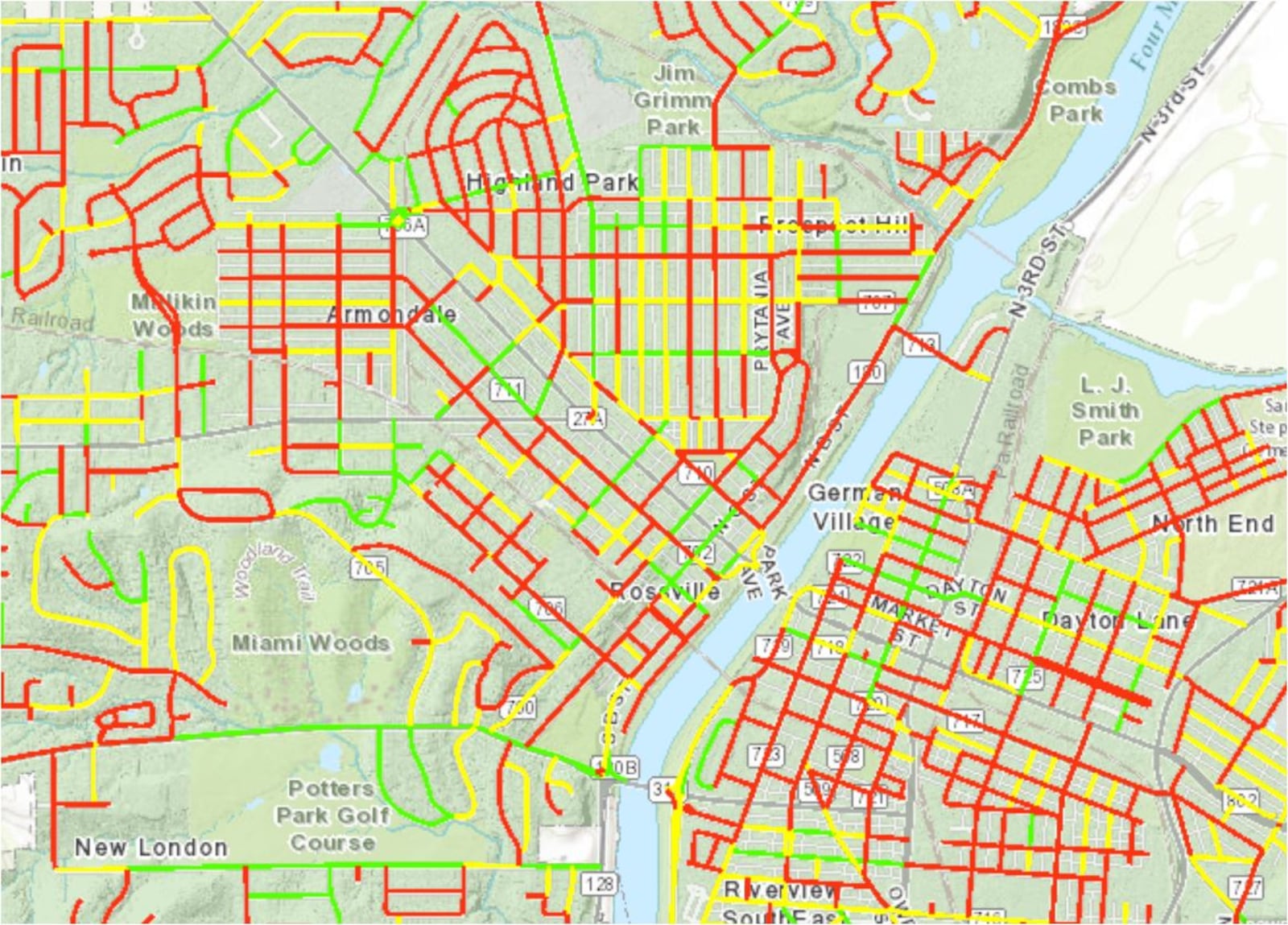 Streets shown in red are in the worst shape in Hamilton. Those in yellow are in next-worst shape. Those in green are in the best condition, according to consultants who evaluated the roadways. PROVIDED