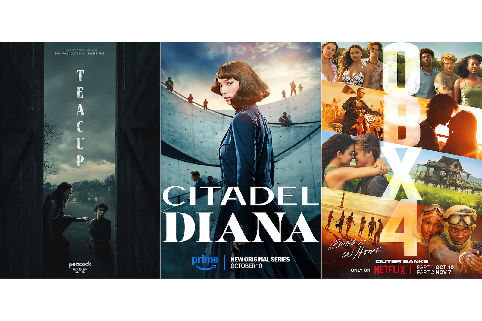 This combination of images shows promotional art for streaming series "Teacup," from left, "Citadel: Diana," and season four of "Outer Banks." (Peacock/Prime/Netflix via AP)