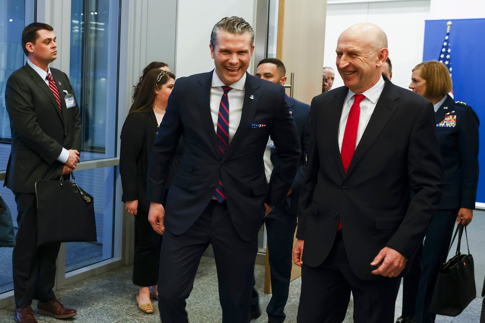 United States Secretary of Defense Pete Hegseth, left, walks with Britain's Defense Secretary John Healey prior to a bilateral meeting on the sidelines of a NATO defense ministers meeting at NATO headquarters in Brussels, Wednesday, Feb. 12, 2025. (Johanna Geron, Pool Photo via AP)