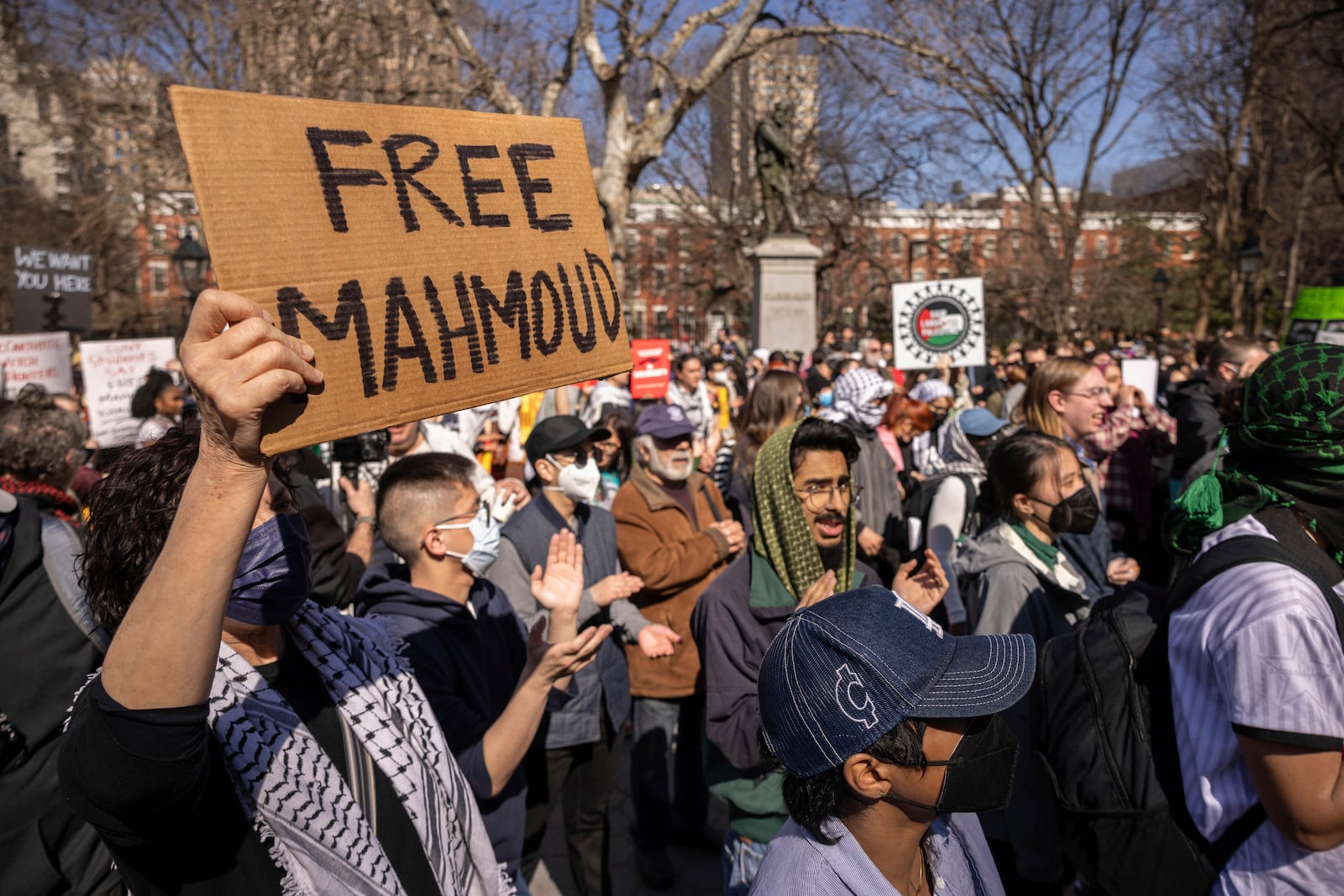 Protesters demonstrate in support of Palestinian activist Mahmoud Khalil at Washington Square Park, Tuesday, March 11, 2025, in New York. (AP Photo/Yuki Iwamura)