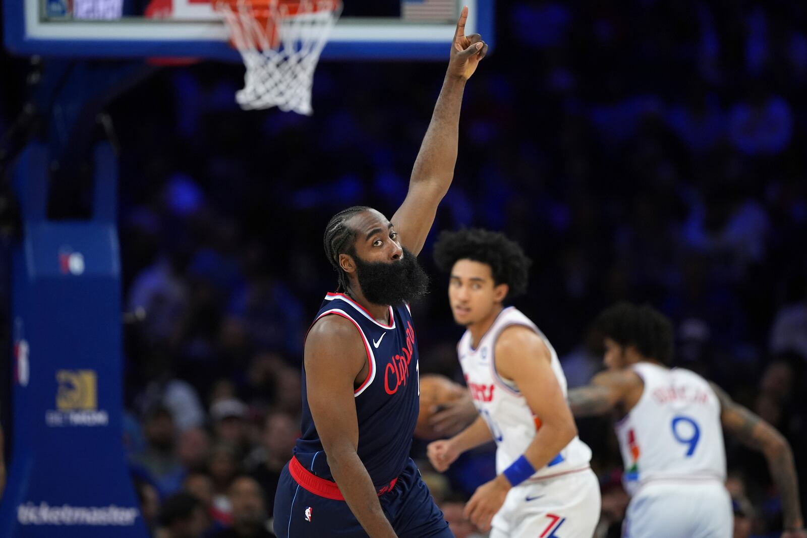 Los Angeles Clippers' James Harden reacts after scoring during the first half of an NBA basketball game against the Philadelphia 76ers, Sunday, Nov. 24, 2024, in Philadelphia. (AP Photo/Matt Slocum)