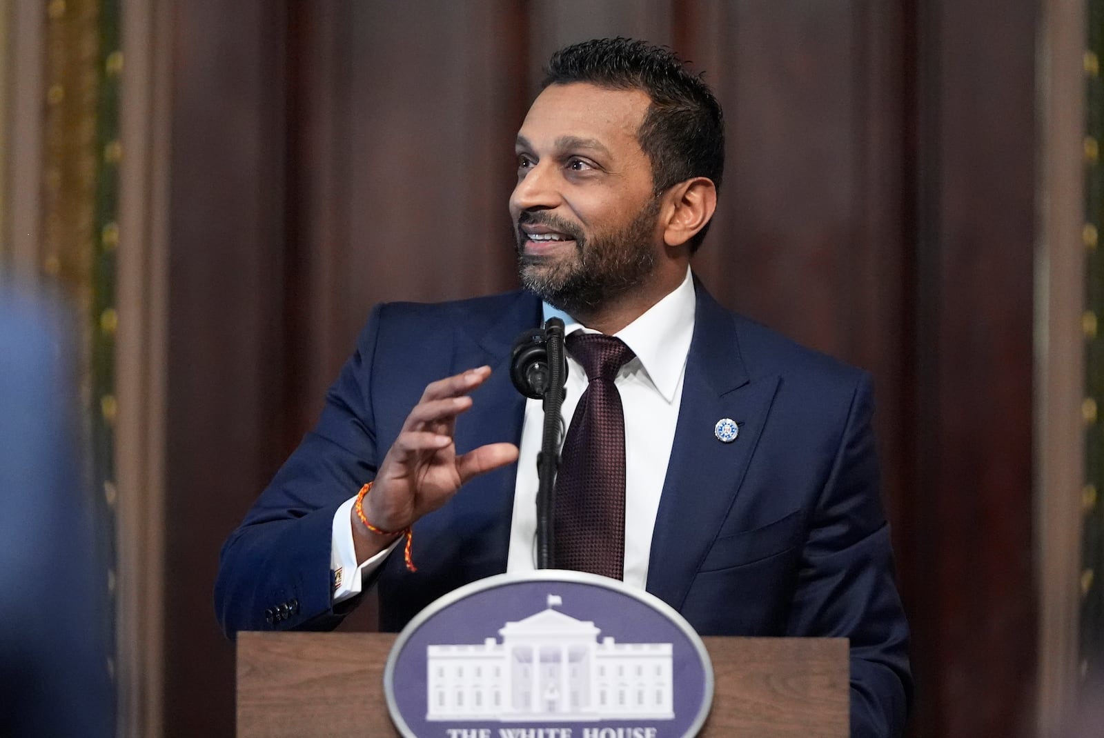 Kash Patel, President Donald Trump's new Director of the FBI, speaks during a swearing-in ceremony, Friday, Feb. 21, 2025, in the Indian Treaty Room at the Eisenhower Executive Office Building on the White House campus in Washington. (AP Photo/Mark Schiefelbein)