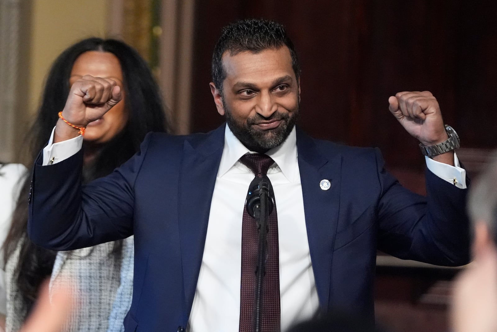 Kash Patel, President Donald Trump's new director of the FBI, reacts during his ceremonial swearing-in, Friday, Feb. 21, 2025, in the Indian Treaty Room at the Eisenhower Executive Office Building on the White House campus in Washington. (AP Photo/Mark Schiefelbein)