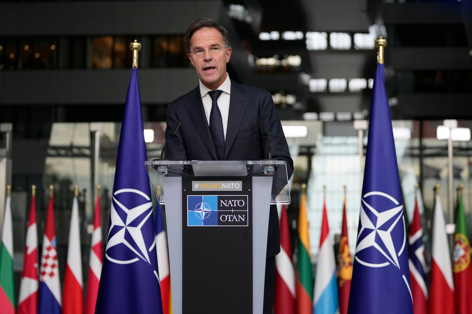 FILE - NATO Secretary General Mark Rutte delivers a statement, after a meeting with a high level South Korean delegation including top intelligence and military officials as well as senior diplomats briefed NATO diplomats, at NATO headquarters in Brussels on Oct. 28, 2024. (AP Photo/Virginia Mayo, File)