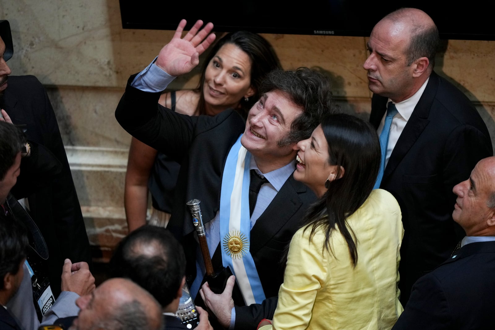 Argentina's President Javier Milei waves after delivering the annual State of the Nation address, which marks the start of the legislative year, in Buenos Aires, Argentina, Saturday, March 1, 2025. (AP Photo/Rodrigo Abd)