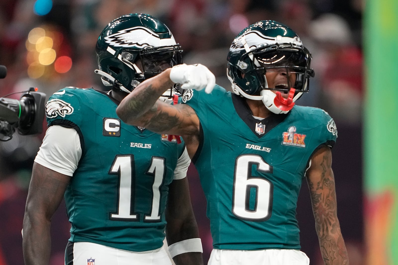 Philadelphia Eagles wide receiver DeVonta Smith (6) celebrates after catching a touchdown pass during the second half of the NFL Super Bowl 59 football game against the Kansas City Chiefs, Sunday, Feb. 9, 2025, in New Orleans. (AP Photo/Doug Benc)