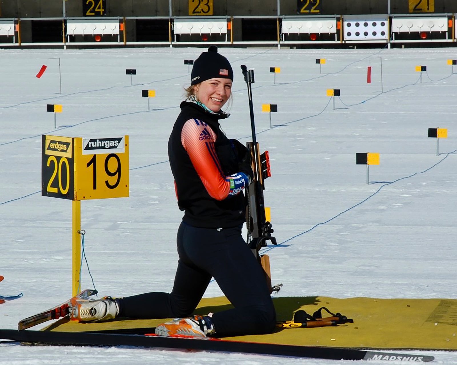 In this 2010 photo provided by Julia Bayly biathlete Grace Boutot practices at the 10th Mountain Ski Center in Fort Kent, Maine. (Julia Bayly via AP)