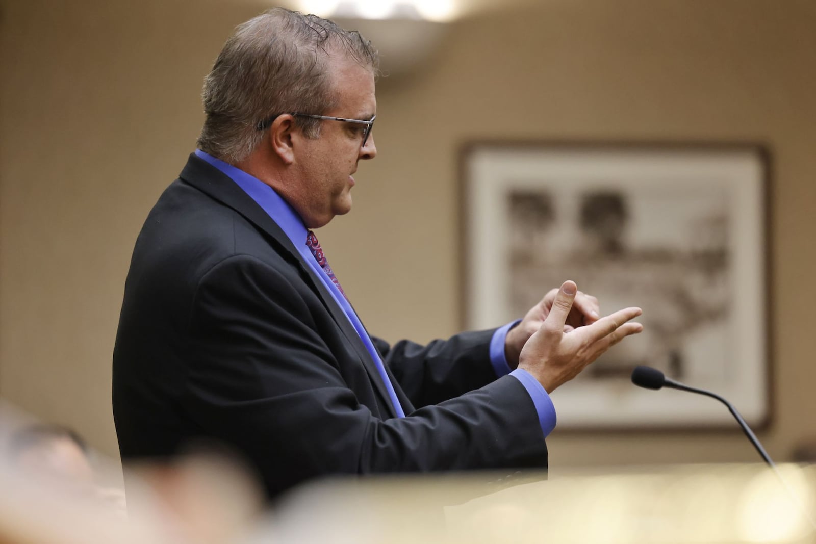 Defense attorney Brad Kreamer address the jury during open statements in the trial of Brandon Davis who is accused in the shooting death of a Middletown woman. NICK GRAHAM/STAFF