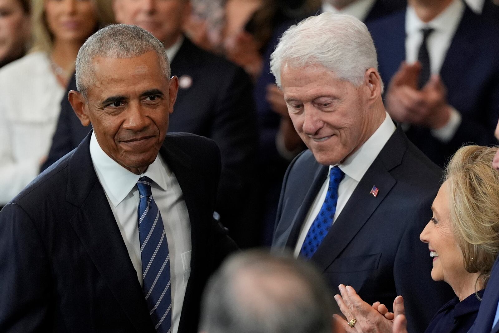 Former President Barack Obama, former President Bill Clinton and former Secretary of State Hillary Clinton arrive before the 60th Presidential Inauguration in the Rotunda of the U.S. Capitol in Washington, Monday, Jan. 20, 2025. (AP Photo/Julia Demaree Nikhinson, Pool)