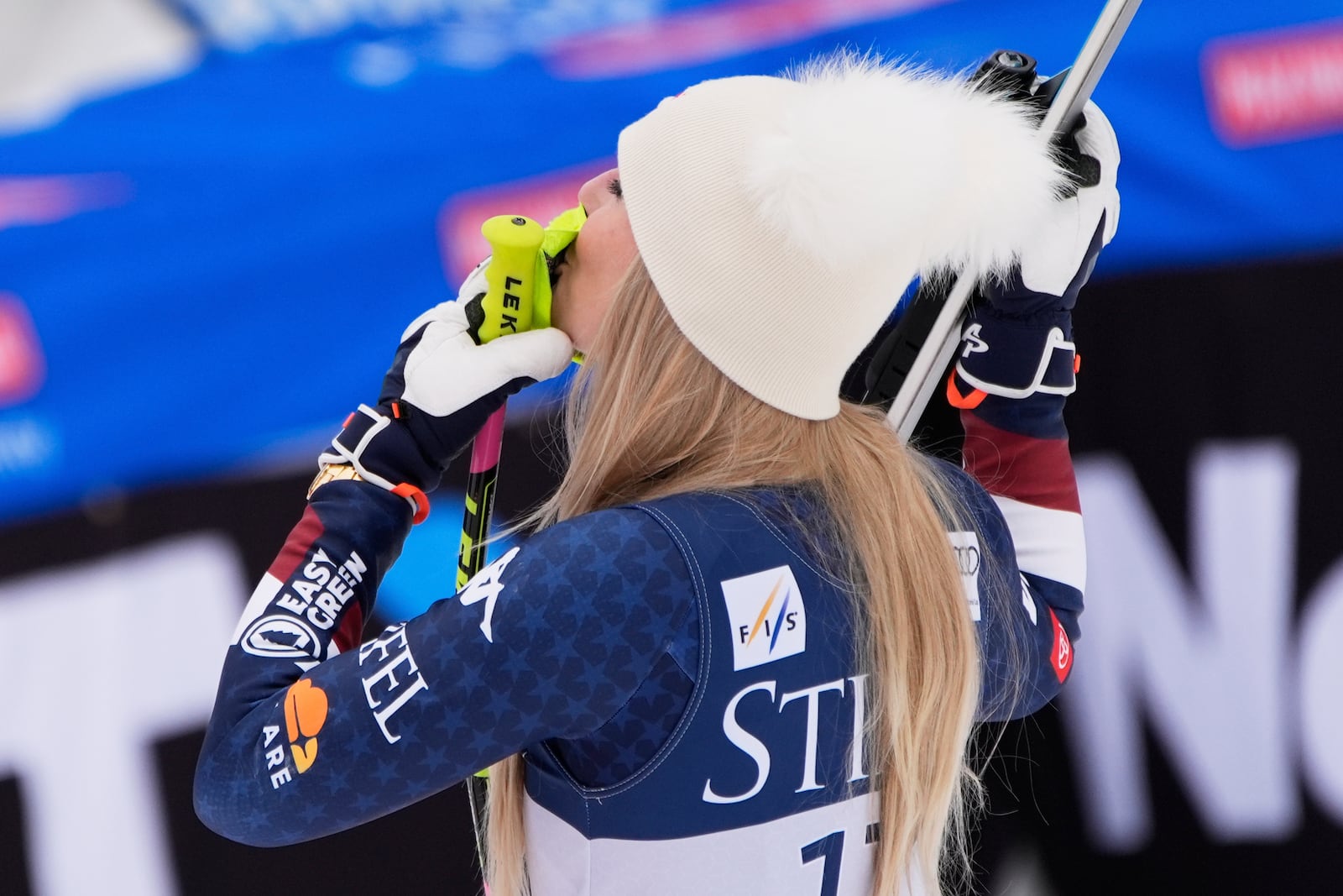 Second place finisher United States' Lindsey Vonn reacts during a medal ceremony for women's super-G at the World Cup Finals, Sunday, March 23, 2025, in Sun Valley, Idaho. (AP Photo/John Locher)