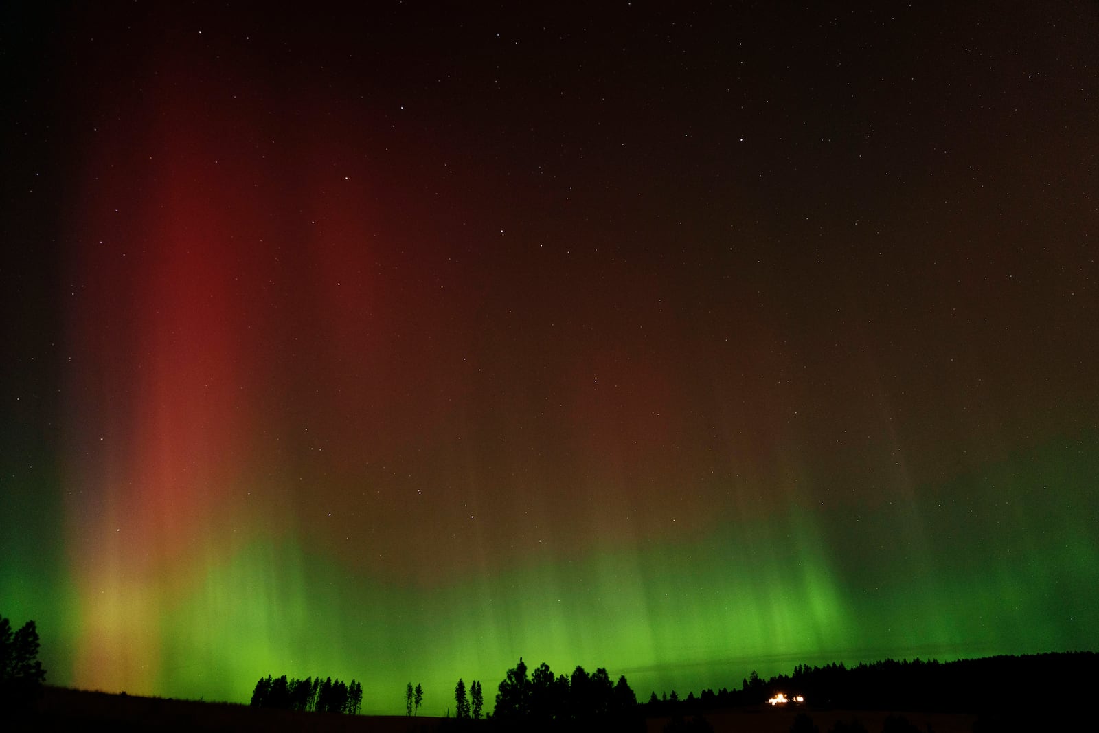 An aurora borealis, also known as the northern lights, is seen in the night sky along with the Big Dipper constellation on Thursday, Oct. 10, 2024, in Moscow, Idaho. (AP Photo/Ted S. Warren)