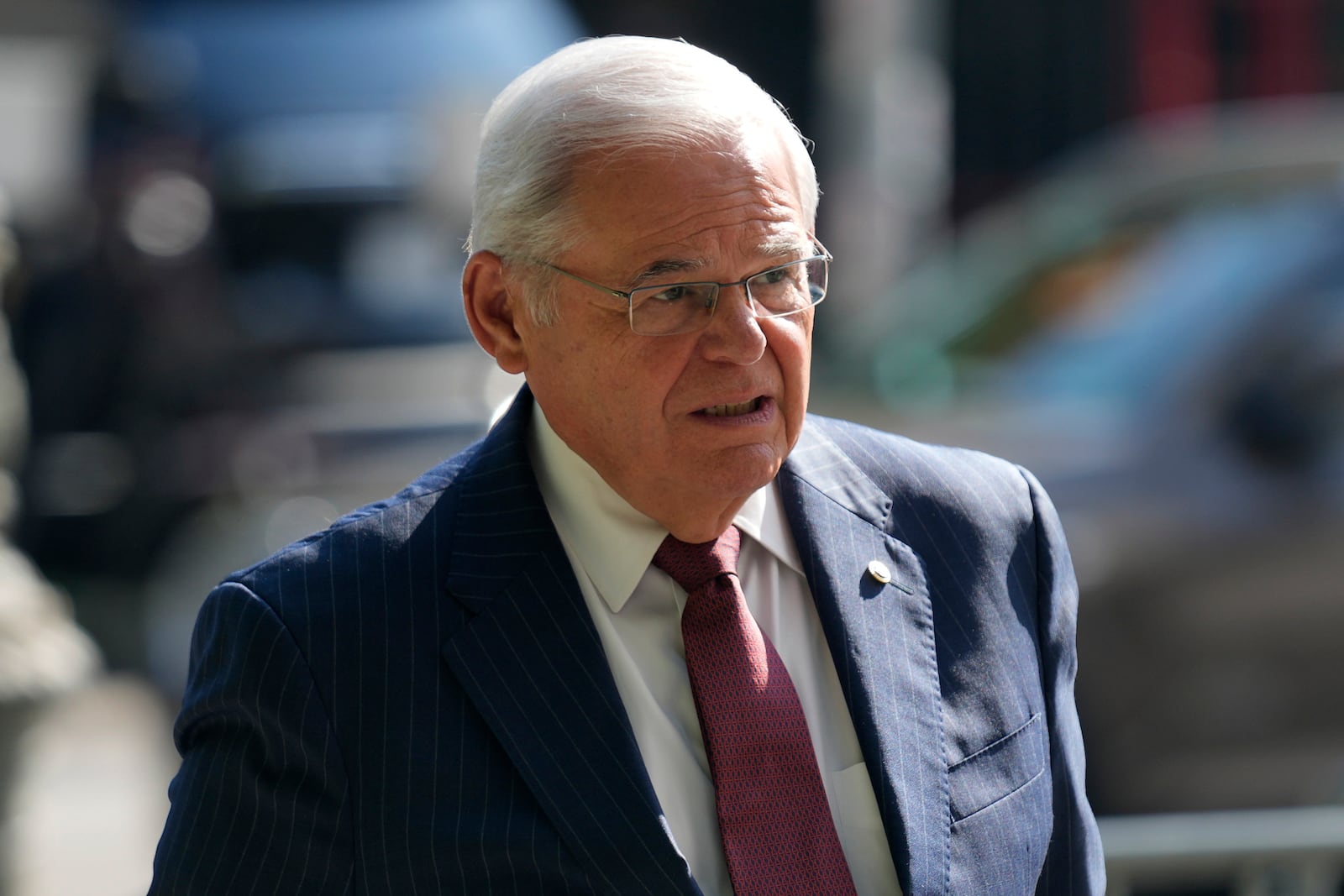 FILE - Sen. Bob Menendez, D-N.J., enters the federal court in New York, July 16, 2024. (AP Photo/Seth Wenig, File)