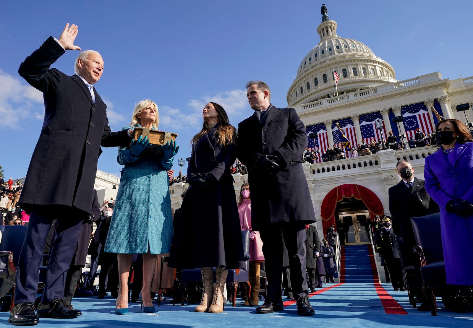 FILE - Joe Biden, from left, is sworn in as the 46th president of the United States as Jill Biden holds the Bible during the 59th Presidential Inauguration at the U.S. Capitol in Washington, Jan. 20, 2021, as their children Ashley Biden and Hunter Biden watch. (AP Photo/Andrew Harnik, Pool)