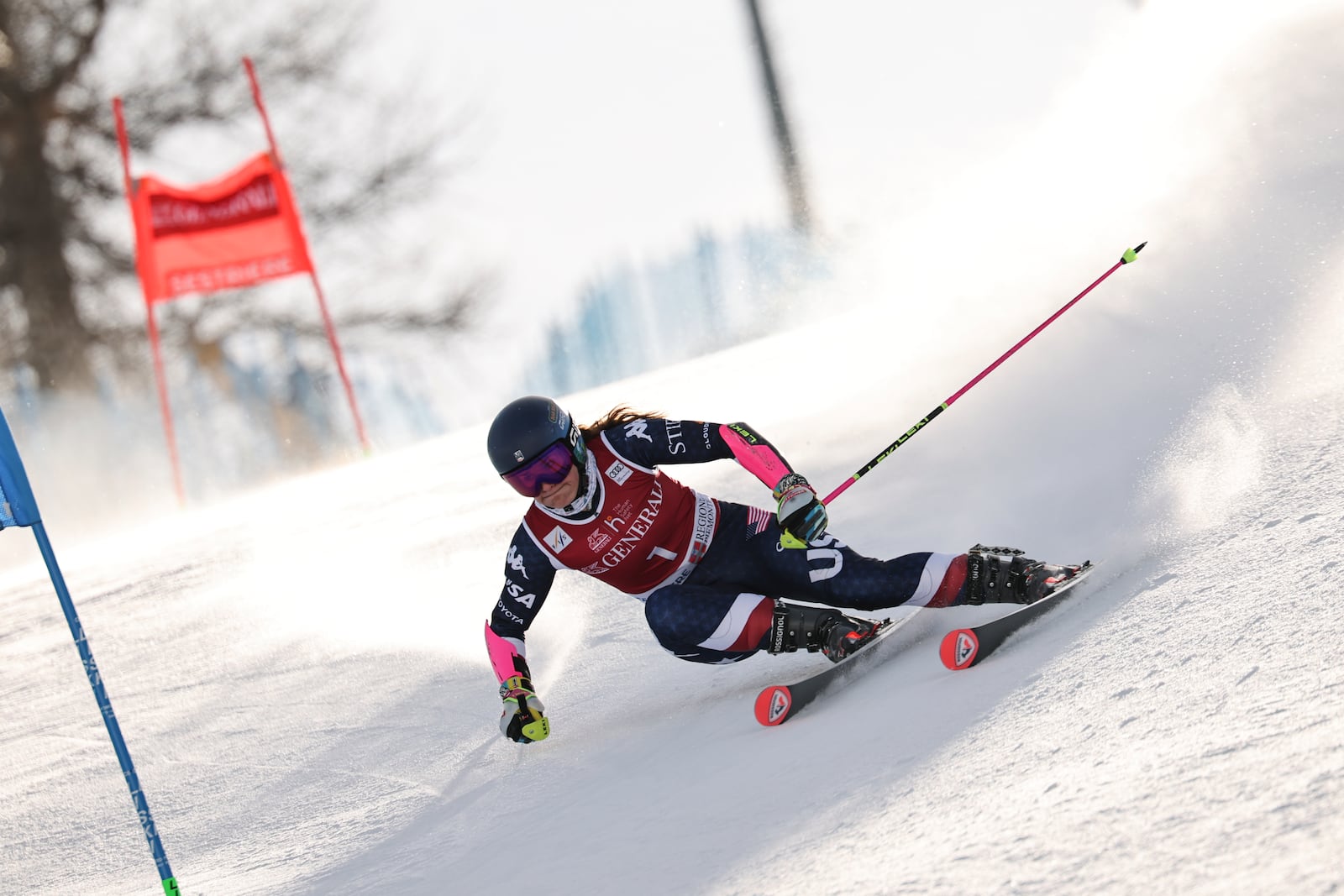 United States' Paula Moltzan speeds down the course during an alpine ski, women's World Cup giant slalom in Sestriere, Italy, Friday, Feb. 21, 2025. (AP Photo/Marco Trovati)