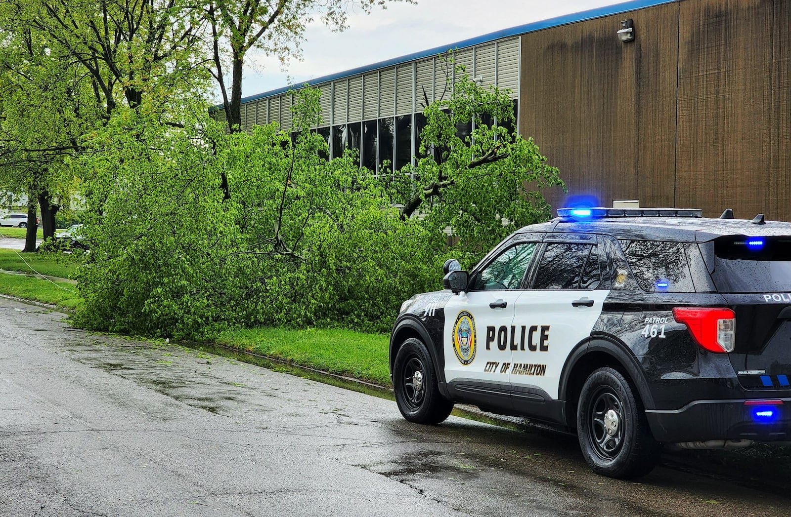 A tree was down on Dayton Street near Jolly's on Ohio 4 after a storm Tues., May 3, 2022 in Hamilton. NICK GRAHAM/STAFF