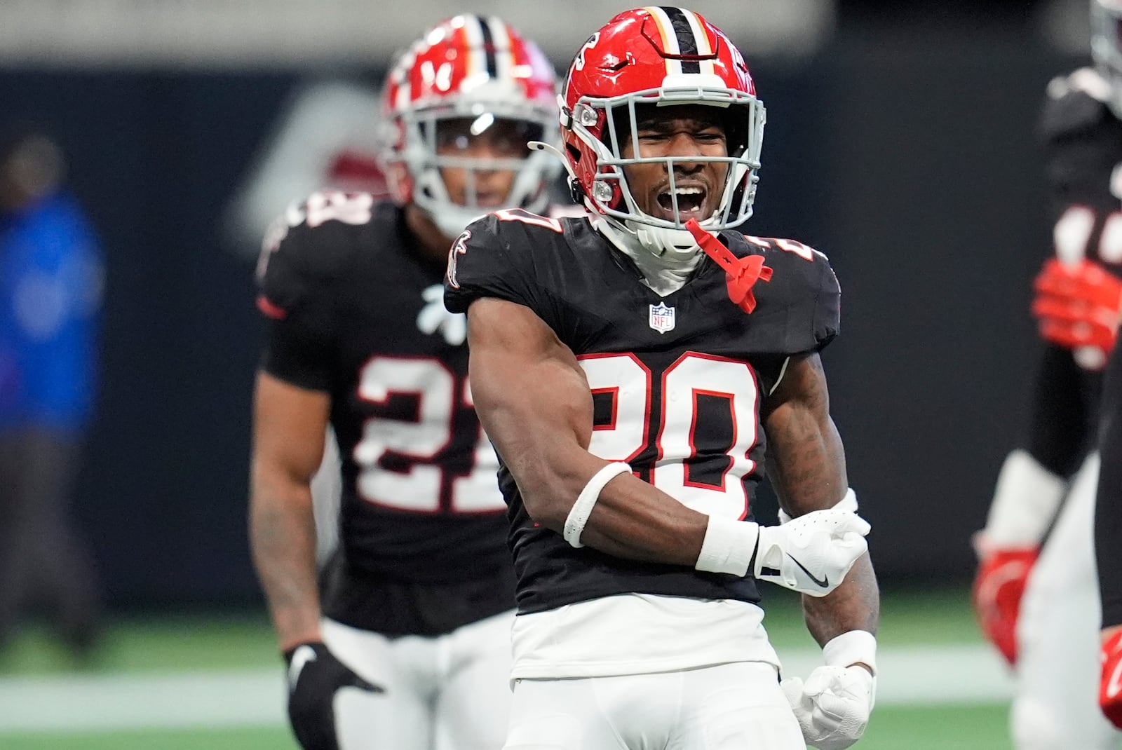 Atlanta Falcons cornerback Dee Alford (20) celebrates breaking up a pass in the second half of an NFL football game against the New York Giants in Atlanta, Sunday, Dec. 22, 2024. (AP Photo/Mike Stewart)