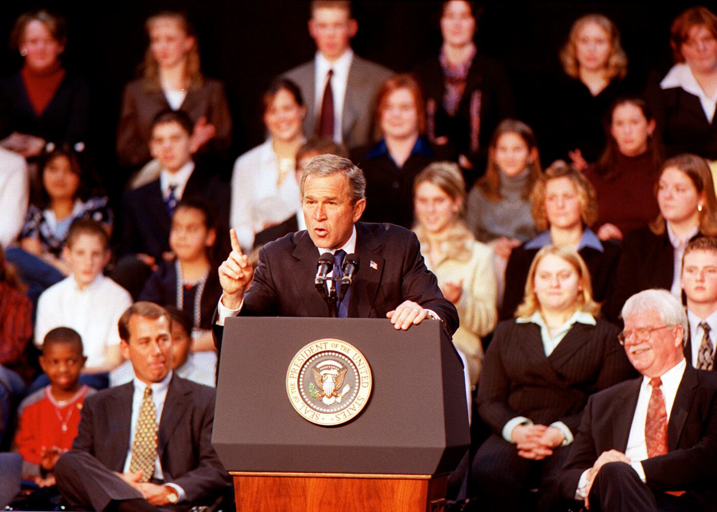 President George W. Bush signing No Child Left Behind Act at Hamilton High School Jan. 8, 2002.