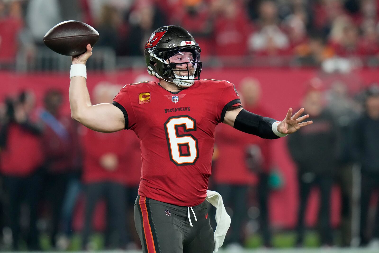 Tampa Bay Buccaneers quarterback Baker Mayfield (6) passes against the Washington Commanders during the first half of an NFL wild-card playoff football game in Tampa, Fla., Sunday, Jan. 12, 2025. (AP Photo/Chris O'Meara)