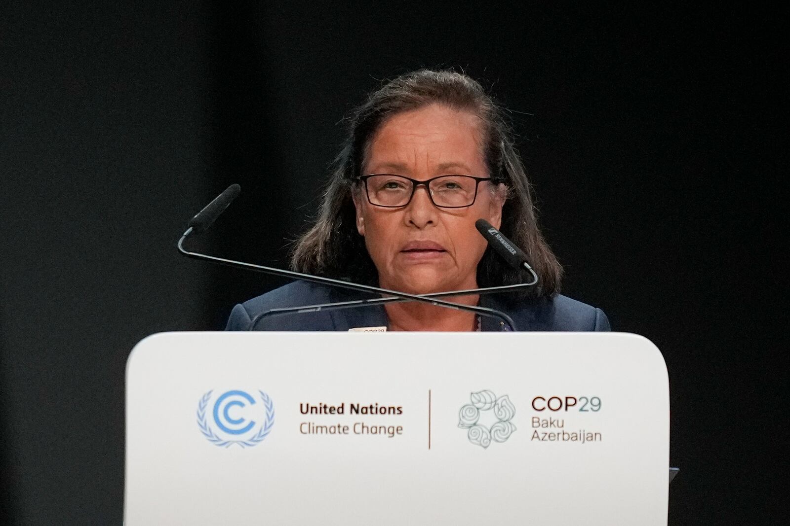 Marshall Islands President Hilda Heine speaks during a plenary session at the COP29 U.N. Climate Summit, Tuesday, Nov. 12, 2024, in Baku, Azerbaijan. (AP Photo/Rafiq Maqbool)