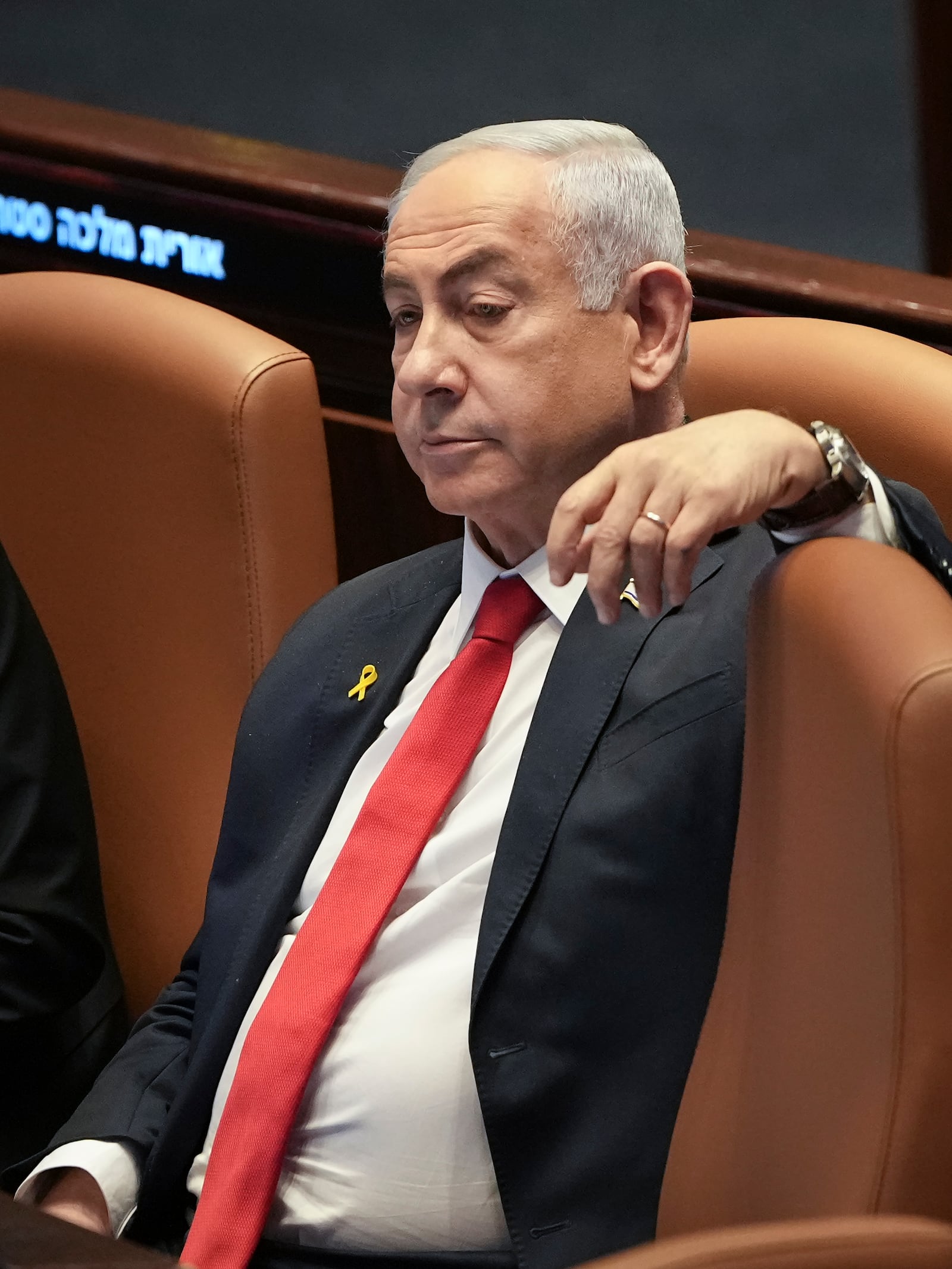 Israel's Prime Minister Benjamin Netanyahu attends a session of the Knesset, Israel's parliament, in Jerusalem, Monday Nov.18, 2024.(AP Photo/Ohad Zwigenberg)